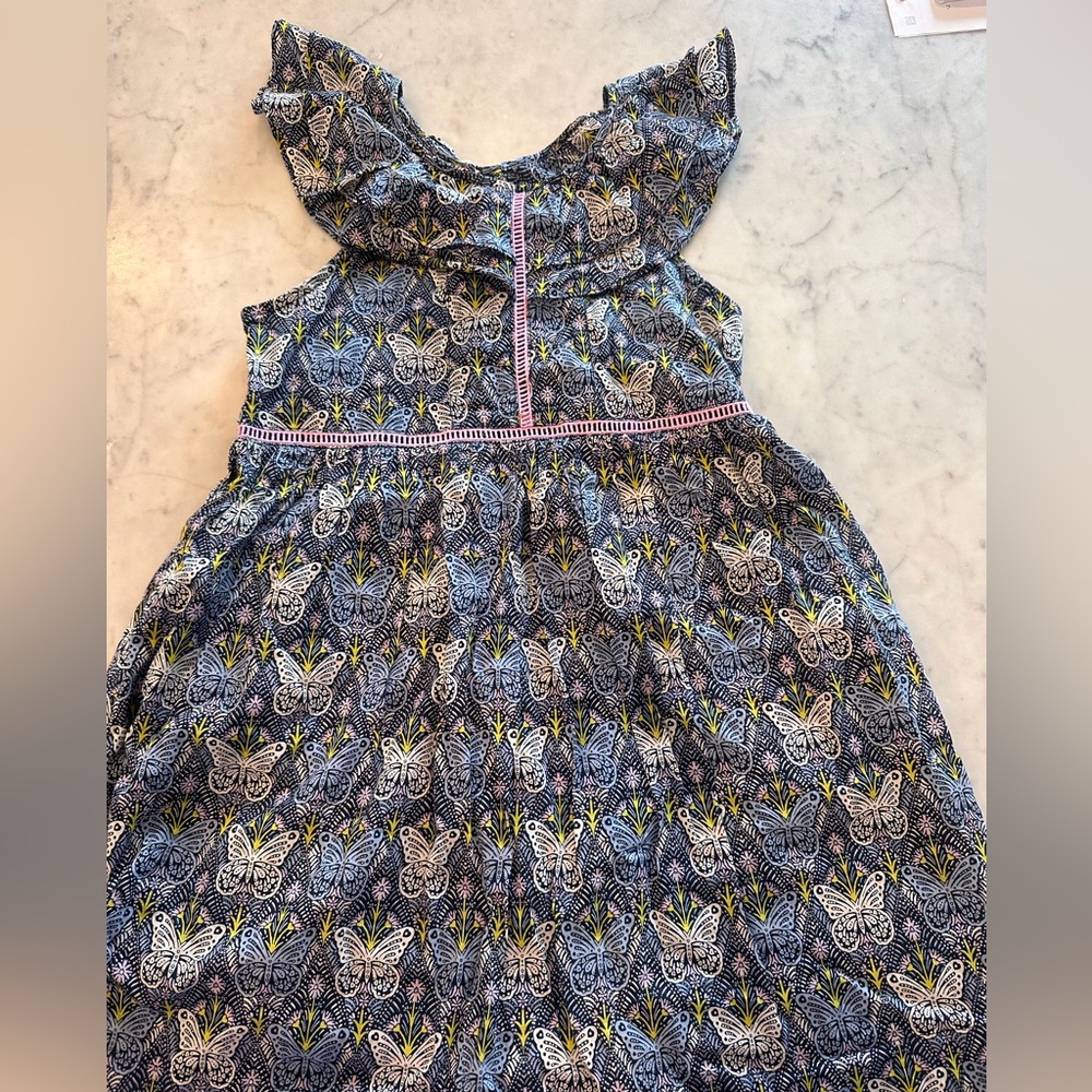 J. Crew Cotton Navy Butterfly Print Dress with Pink Trim